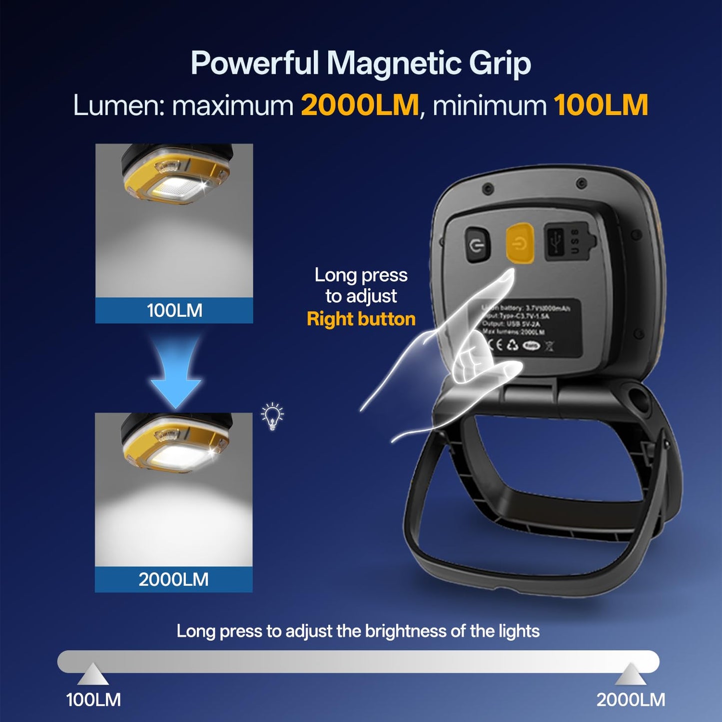 Gabujau Magnetic Work Light, 10,000 mAh Rechargeable LED Portable Lamp, 2,000 Lumen Floodlight, 9 Light Modes with 1/4" Threaded Port for Machinist Auto Underhood Outdoor Camping
