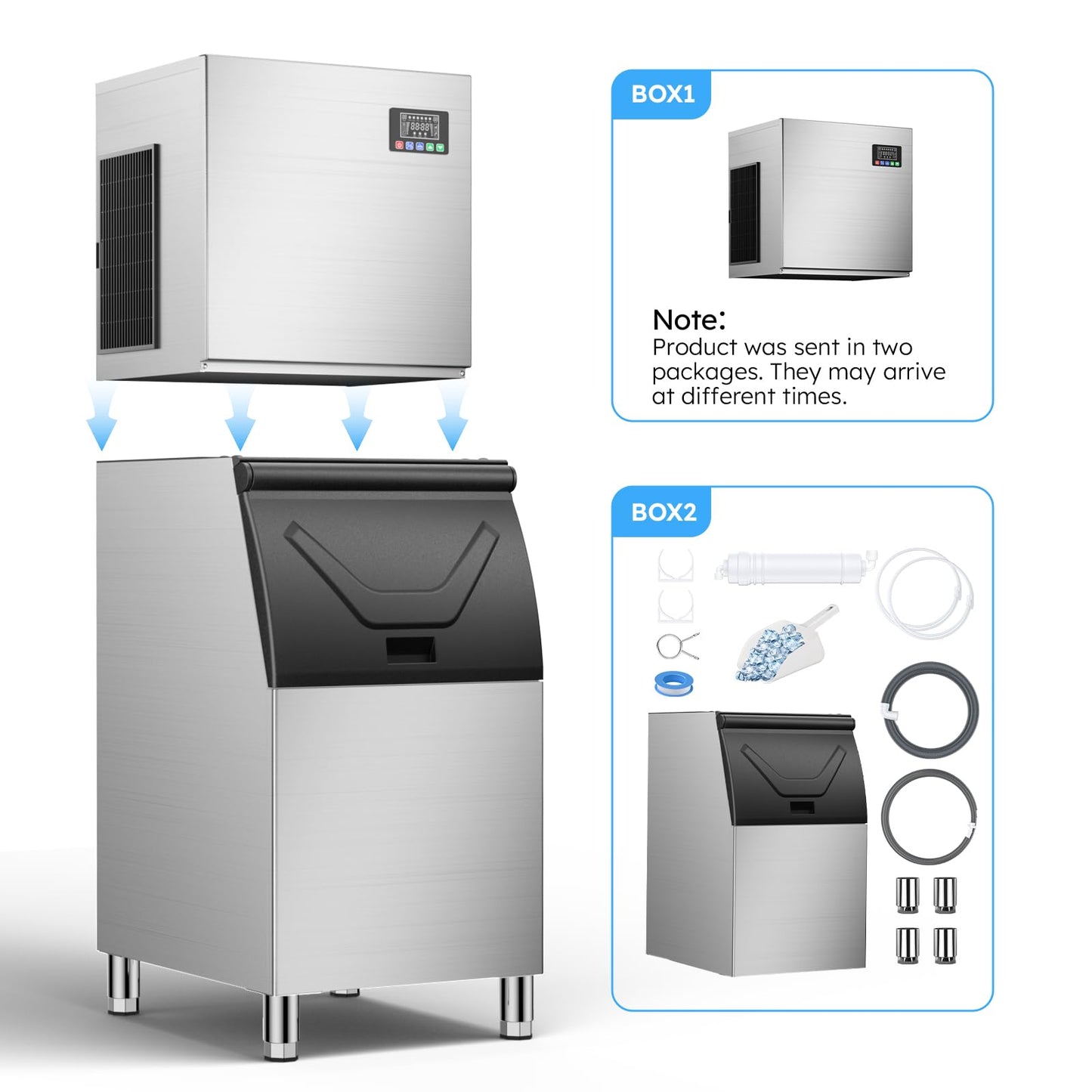 Commercial Ice Machine 550 LBS/24H, Commercial Ice Maker with 400 LBS Storage Bin, Ice Cubes Ready in 5-15 min, Freestanding Ice Maker Machine, Self-Cleaning, Thicknesses Adjustable, Stainless Steel