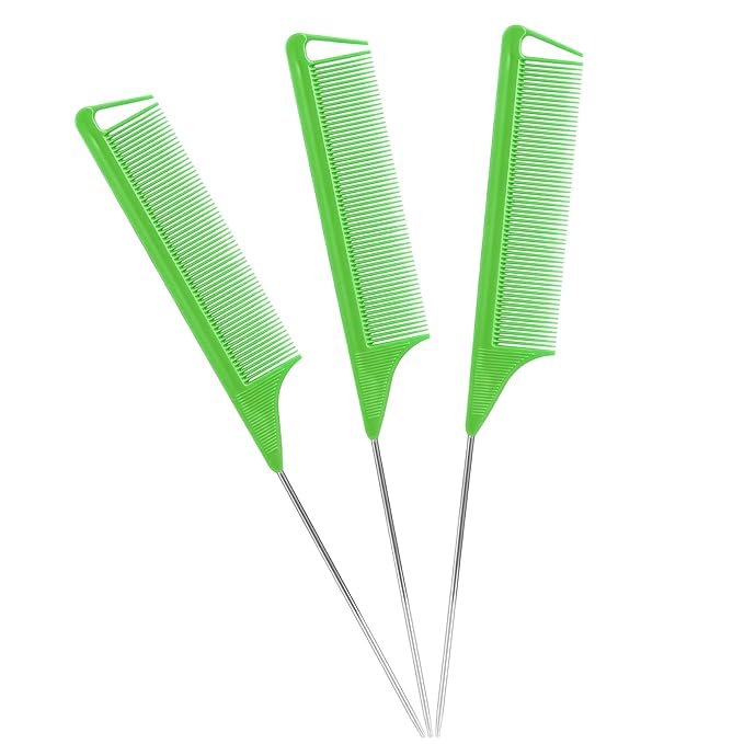 Rat Tail Combs Set: 3Pcs Steel Pin Teasing Combs for Hair Stylists, Parting Combs for Women (Green)