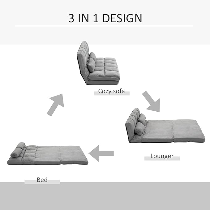 HOMCOM Convertible Floor Sofa Chair, Folding Couch Bed, Guest Chaise Lounge with 2 Pillows, Adjustable Backrest and Headrest, 51.25" L, Light Gray