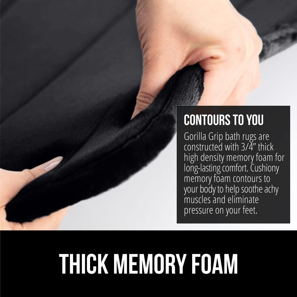 GORILLA GRIP Memory Foam Bath Mat, Soft Absorbent US Designed Bathroom Rug, Gripping Dots Machine Washable Bathmat, Cushioned Floor Mats, Shower Sink Rugs Room Décor Accessories, 30x20 Black