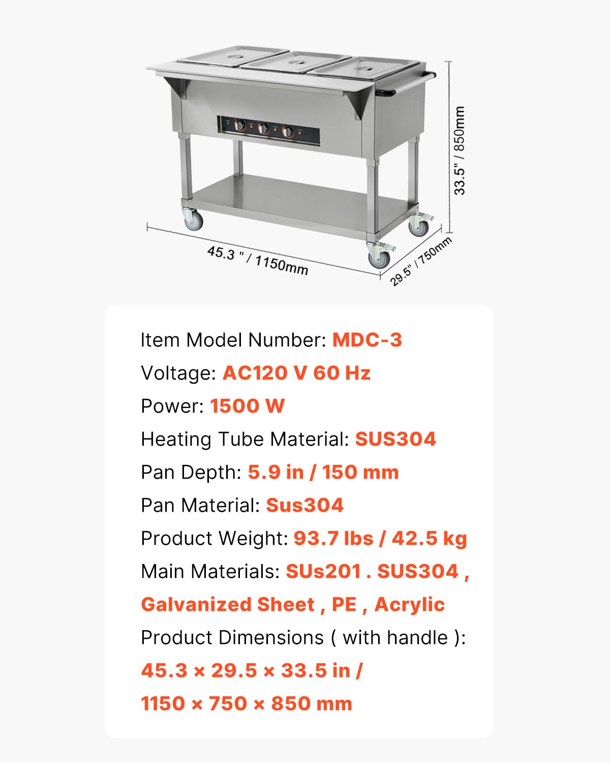 VEVOR 3-Pan Commercial Food Warmer, 3 x 20.6QT Electric Warm Table, 1500W Professional Buffet Catering Food Warmer with 4 Wheels (2 Lockable), Food Grade Stainless Steel Server for Party Restaurant