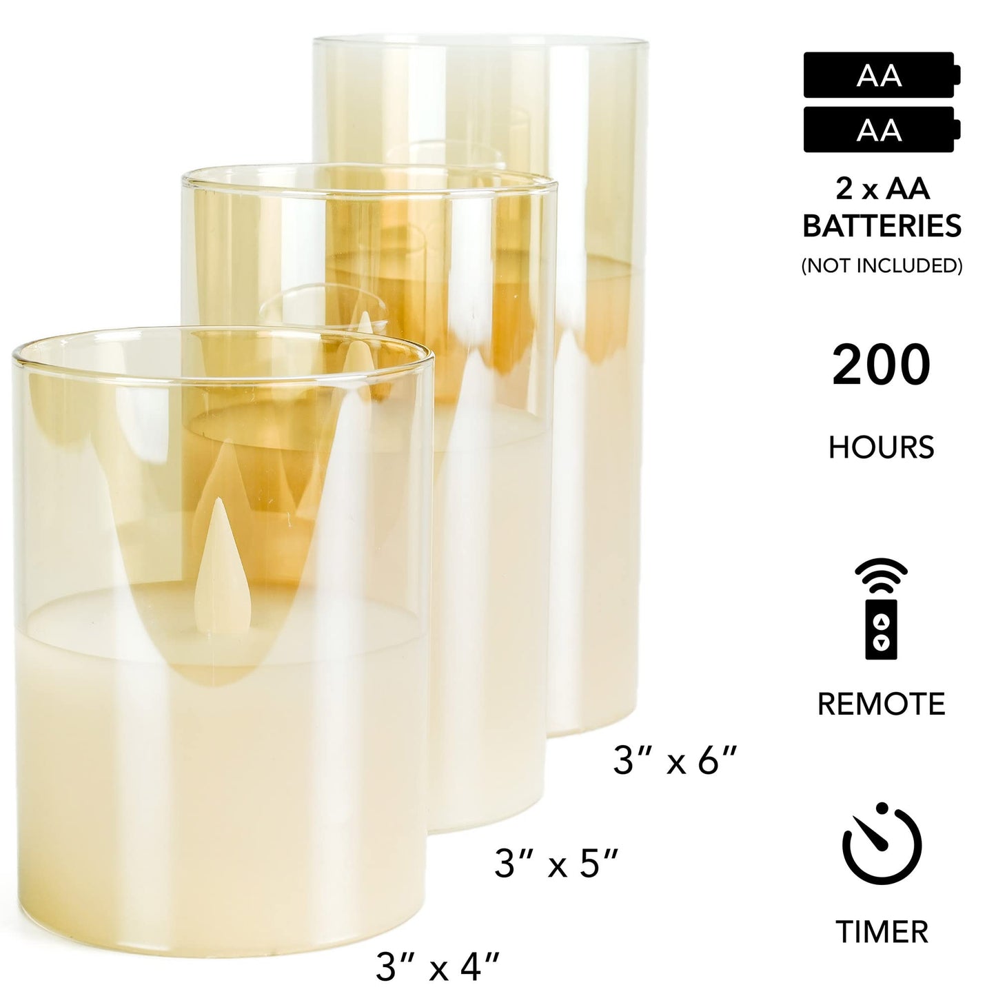 Softflame Flickering Flameless Gold Glass LED Candle,Set of 3: 3"x 4",3" x 5",3" x 6", with Remote Control