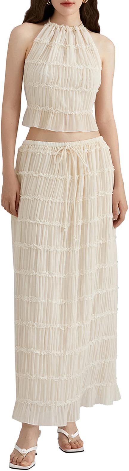 Argeousgor 2 Piece Maxi Skirt Set for Women Lace Up Back Tank Tops Tie Up High Waist Long Skirt Set