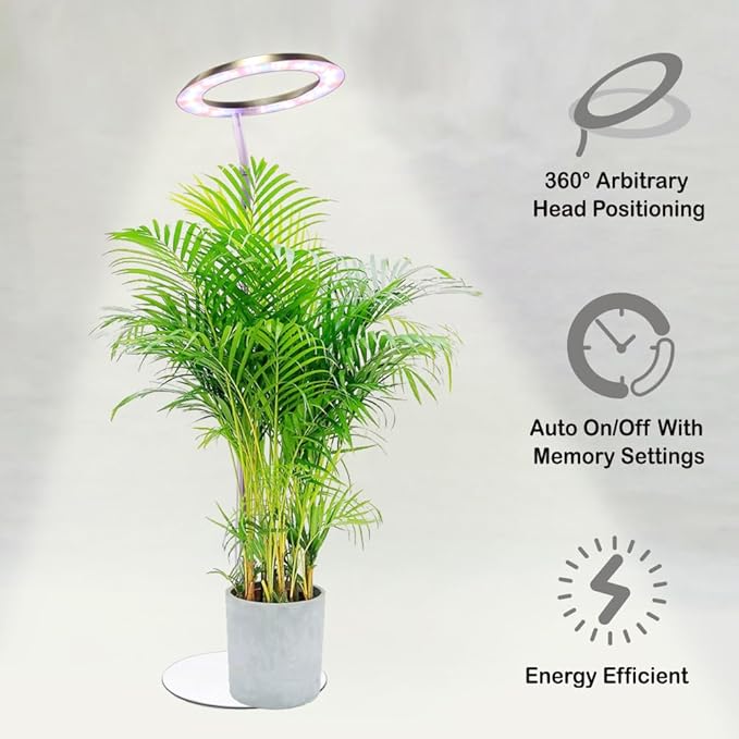Qux 10” Halo Pro Grow Light,Full Spectrum LED Freestanting Plant Grow Lamp with 3 Kind of Light Colors switchover & 10-Level Dimmable,Auto On Off Timing 4/8/12Hrs for Indoor Larger Plants (Gold)