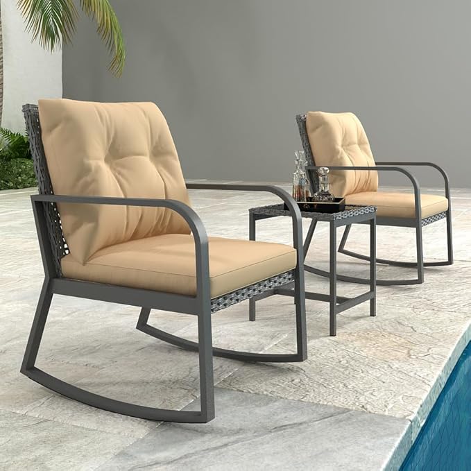 HLNPTN 3 Piece Patio Outdoor Rocking Chair, Outdoor Bistro Sets Wicker Patio Furniture Rocking Chairs Sectional Couch (Khaki)