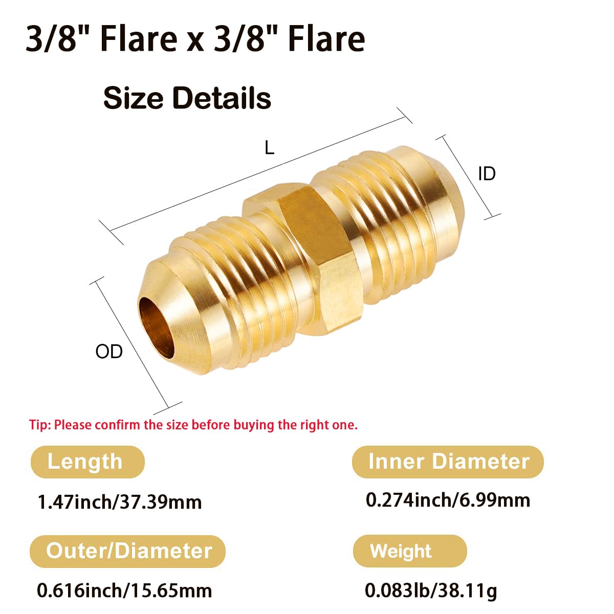 Breezliy 3/8" Male Flare x 3/8" Male Flare Connector Gas Adapter Union Brass Tube Coupler Pipe Fitting (2PCS)