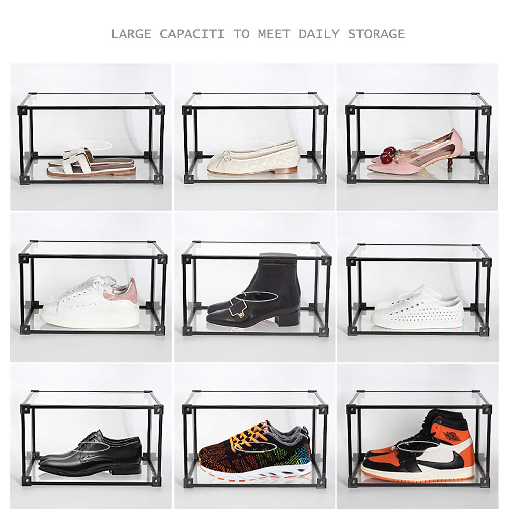 KOKOIN Magnetic Side Open Transparent Plastic Storage Shoe Box Clear Shoe Display Case Sneaker Shoe Storage Box Display Box Shoe Container Clear Closet Shelf Shoe Organizer (Black 8PC)