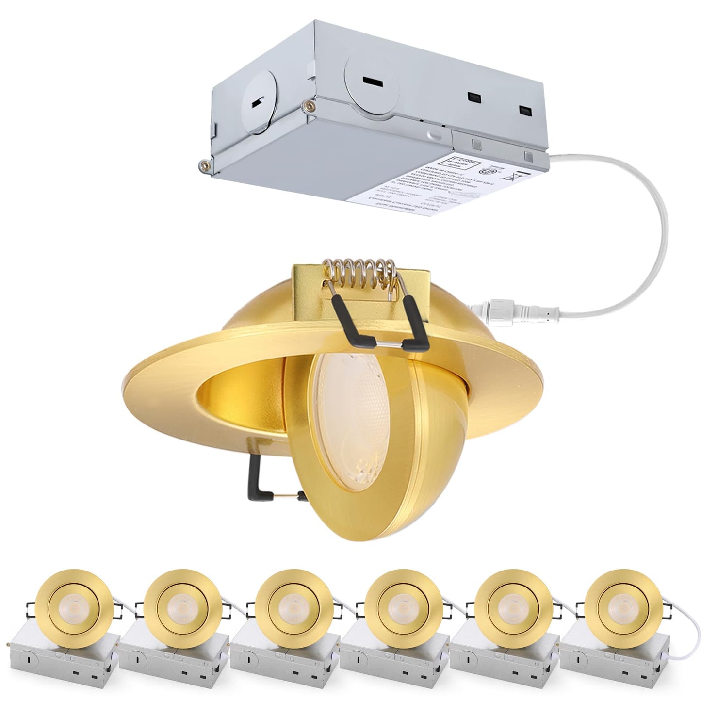 Gold Recessed Lighting Fixtures 3inch - 7W Canless CCT Selectable Gimbal Ceiling LED Recessed Lights,Dimmable Indoor Swivel Downlight for Accent Lighting,360° Adjustable 90° Tilt Spotlights 6Pack Gold