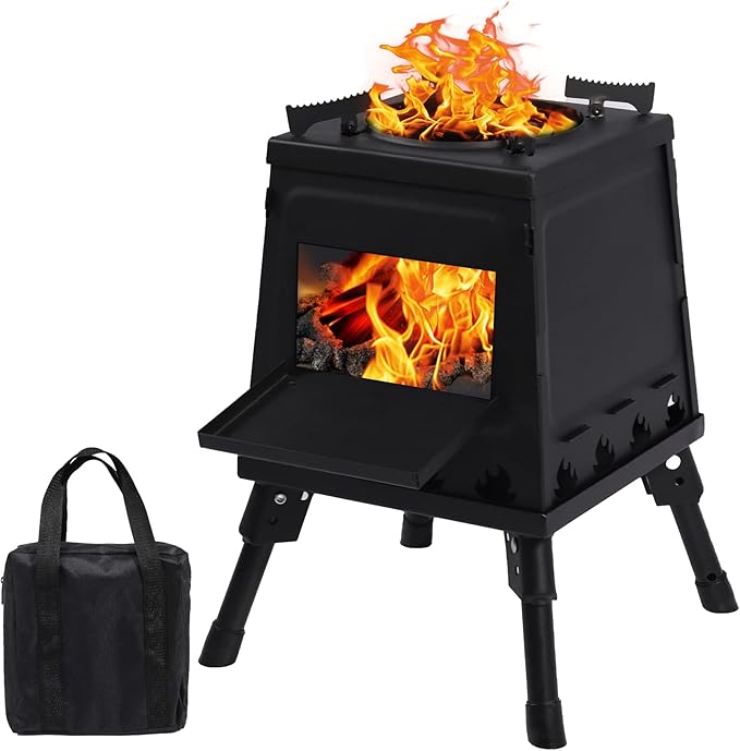 Lineslife Wood Burning Camp Stove, Portable Cast Iron Camping Wood Stove, Black Woodstove with Carrying Case for Backpacki...