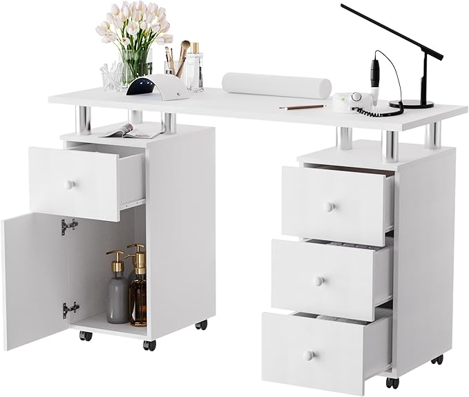 Manicure Table Nail Station 47 inch Nail Desk for Nail Tech with Drawers/Wrist Pad/Lockable Wheels Salon Spa Beauty Bar Technician,White