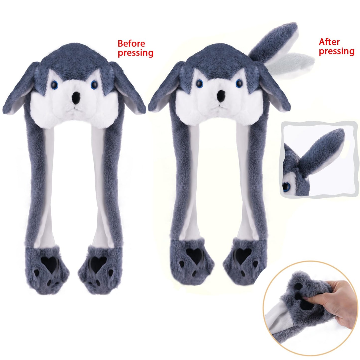 CICITOYWO Funny Plush Animal Hat Ear Moving Jumping Husky Cap for Kids Adults (Grey)