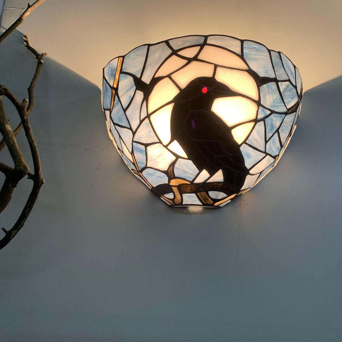 Bieye L10958 Raven Sitting on Tree Branch Against Full Moon Tiffany Style Stained Glass Wall Sconces Light Fixture for Home Decor