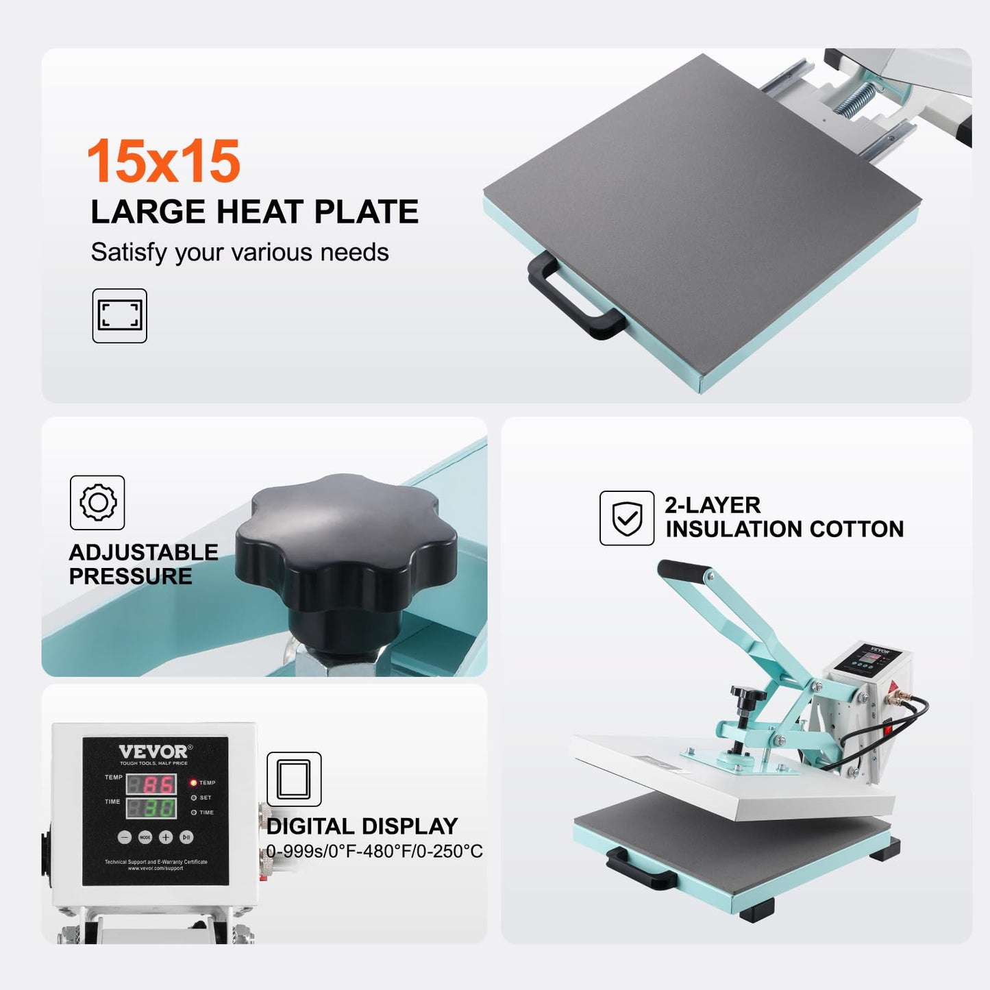 VEVOR Heat Press 15x15, High Pressure Heat Press Machine for T Shirts, Slide Out Professional Heat Press for Sublimation, Vinyl, Heat Transfer Projects, Heats Up Fast & Evenly, Green