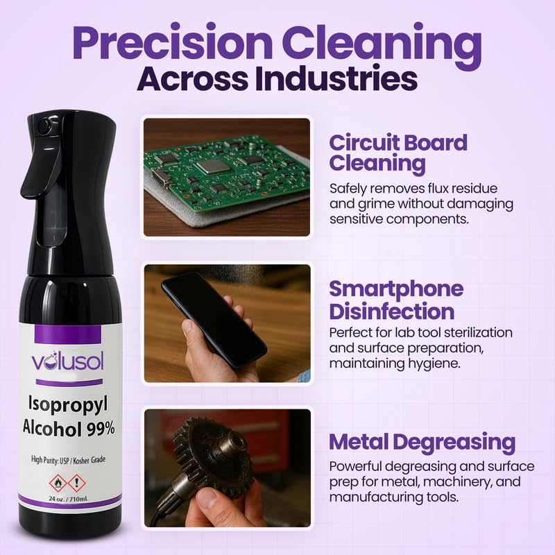 Volu-Sol 99% Isopropyl Alcohol Spray – Continuous Fine Mist Pure IPA 99% Rubbing Alcohol Spray Bottle – USP & Kosher Certified Formula for Electronics, Home & Industrial Use (24 Oz)