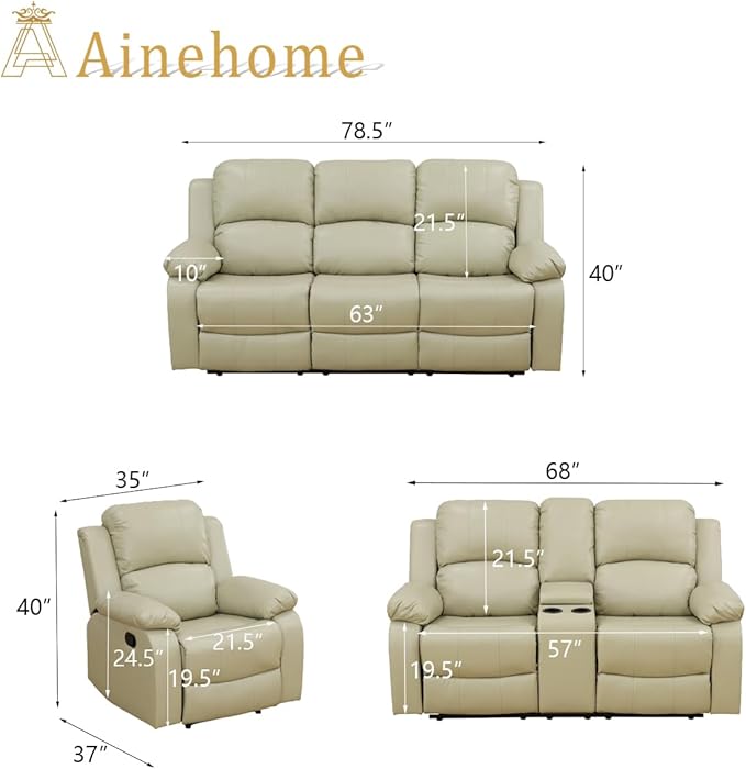 A Ainehome Recliner Sofa Set Living Room Manual Reclining Sofa Bonded Leather Loveseat Chair with Storage Console&Cup Holder Sectional Couch for Living Room/Home(A-Beige Leather, 3 Piece Set)