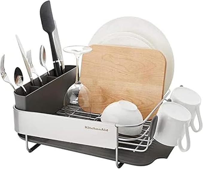 KitchenAid Compact, Space Saving Rust Resistant Dish Rack, with Angled Self Draining Drain Board and Removable Flatware Ca...