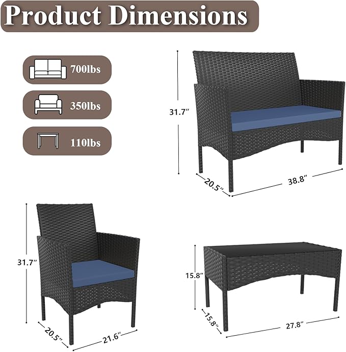 ASJMR 4 Piece Patio Rattan Conversation Set, Outdoor Rattan Chair Wicker Furniture Set, Couple Seats and Tempered Glass Table,Comfort Seat for Patio, Pool or Backyard