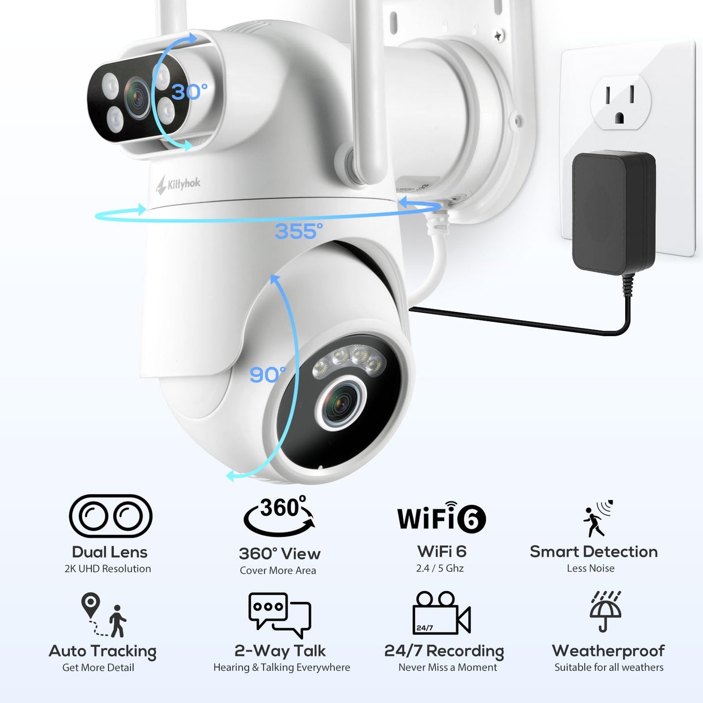 Wireless Security Camera System with 10" Touchscreen Monitor, Dual Lens 2K Security Cameras Wireless Outdoor with 2.4/5GHz WiFi, 360° PTZ, Auto Tracking, Night Vision, 2-Way Audio, 10CH, 500GB HDD