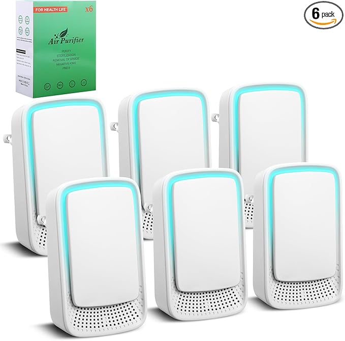 6 Pack Plug In Air Ionizers, Quiet Operation Air Freshener for Home, Office, Bedroom, Kitchen, Garage Room, Portable Air Purifiers, Pets Smell - Air Cleaner (White)