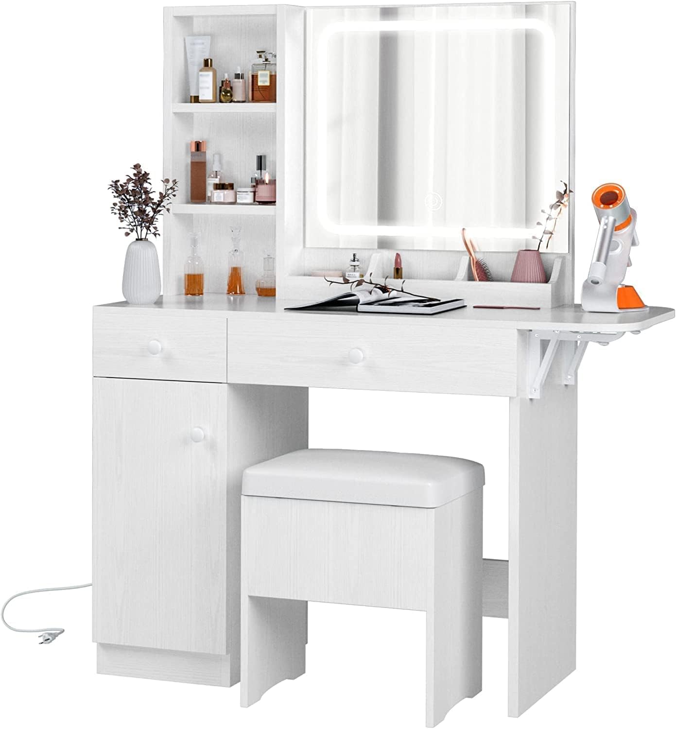 IRONCK Vanity Desk with LED Lighted Mirror & Power Outlet, Makeup Table with Drawers & Cabinet,Storage Stool,Dressing Table for Bedroom, White