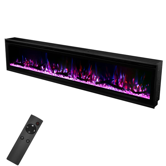 60 Insert Electric Fireplace, Fully Recessed or Wall Mounted, 4 Flame Colors, 4 Brightness Levels, Crystals,Log, Remote Control, 750-1500W.