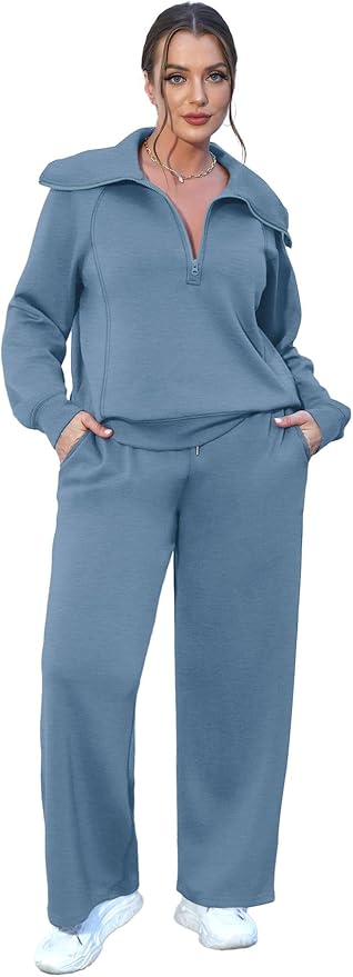 XIEERDUO Lounge Sets For Women 2025 Half Zip Sweatshirt And Wide Leg Sweatpant 2 Piece Outfits Sweatsuit Tracksuit