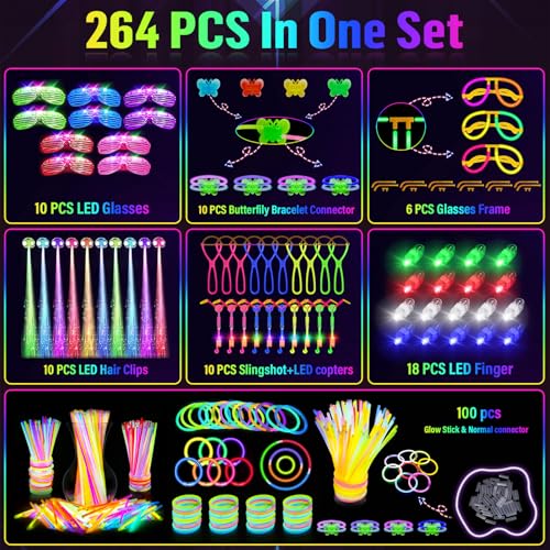 OLUPP Glow in the Dark Party Supplies, 264 PCS Light Up Party Favors with LED Glasses,Glow Sticks,Finger Lights,LED Hair C...