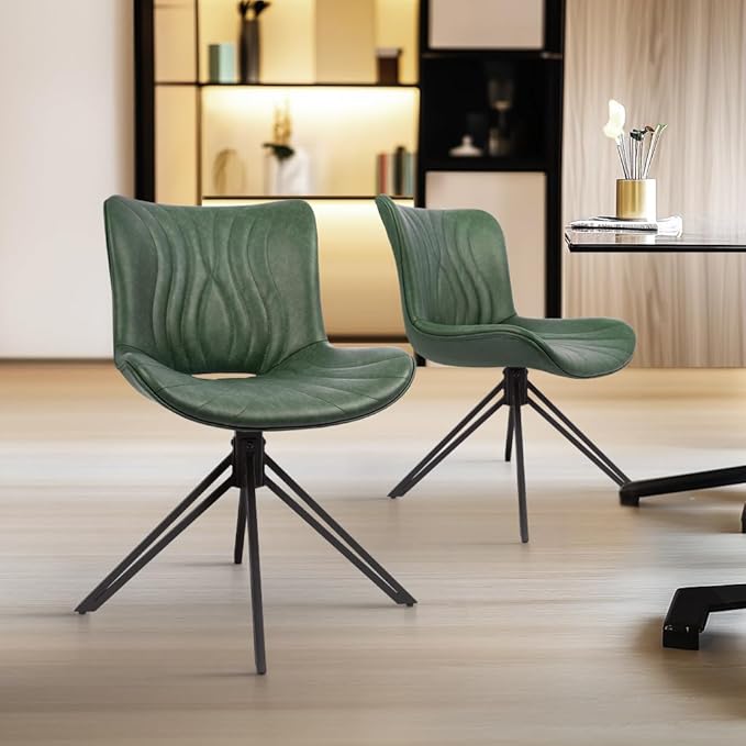 VATROS Dining Chairs Set of 6, 360° Swivel Upholstered Mid-Century Modern Kitchen Dining Room Chairs, Armless Faux Leather Accent Side Chair with Padded Back, Metal Legs for Living Room,Green