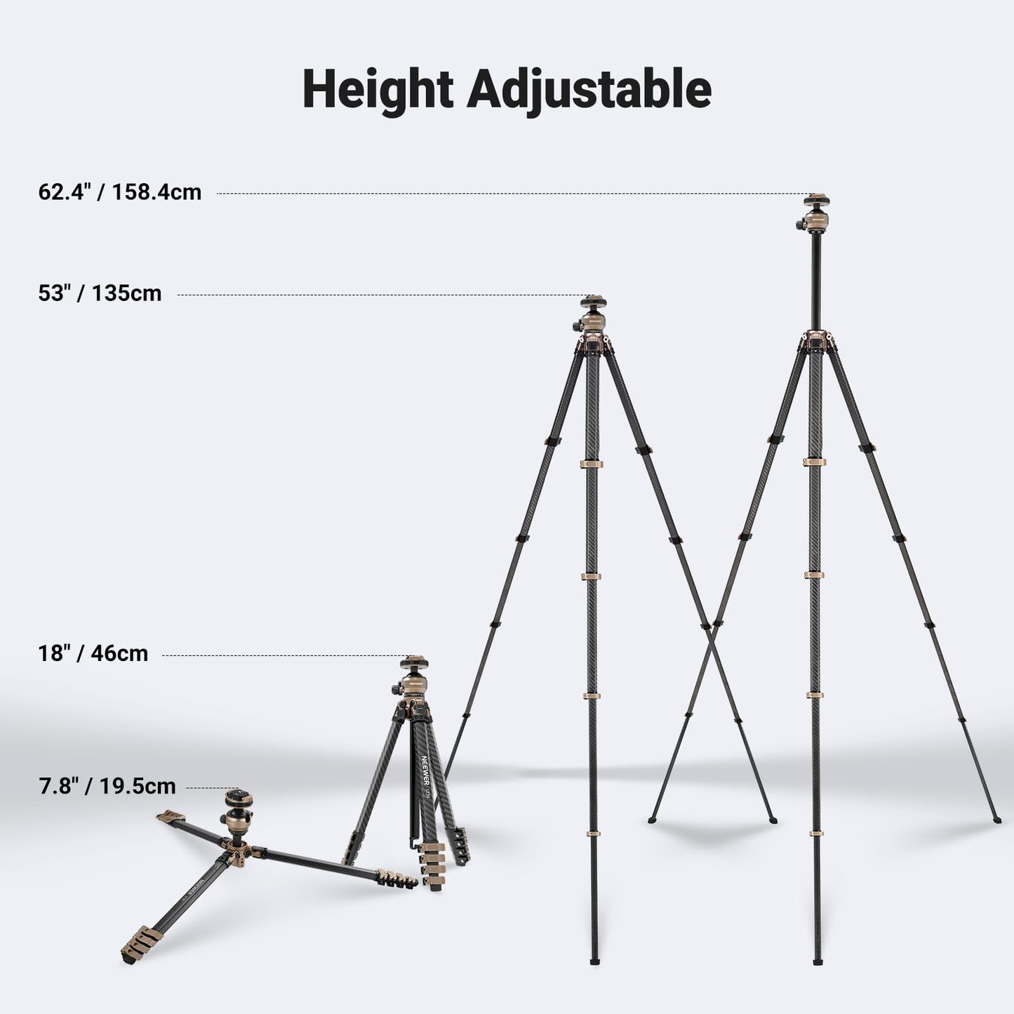 NEEWER LITETRIP Carbon Fiber Travel Tripod with Pan Tilt Low Profile Ball Head,62.4" DSLR Camera Phone Holder Stand Compatible with PD V3 Plates iPhone, 2 Center Columns,Max Load 22 lb, LT39