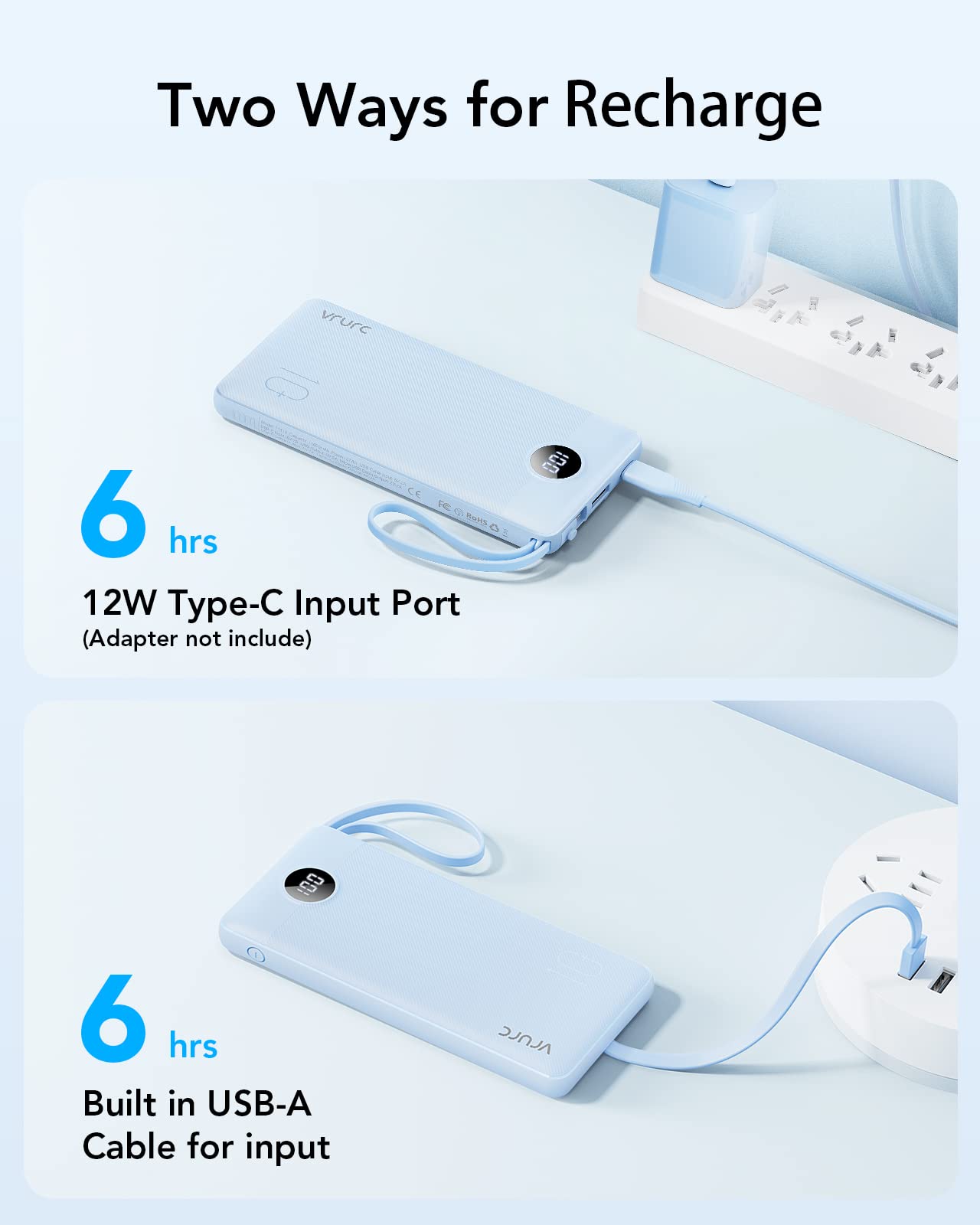 VRURC 10000mAh Power Bank Built-in Cables, Portable Charger with LED Display, Slim Travel Battery Pack with Cords, 5 Output Dual Input Phone Charger for Cell Phone Smart Devcies-Blue(1 Pack)