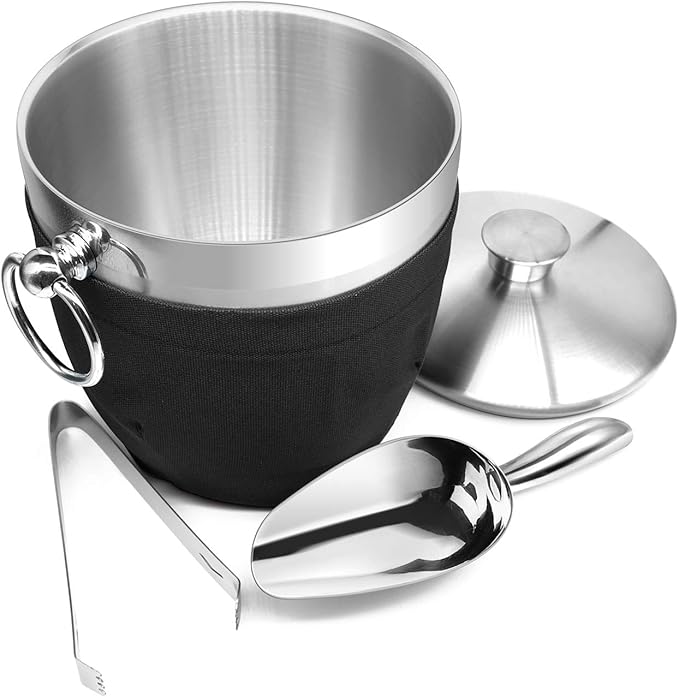 Fortune Candy Insulated Ice Bucket - Double Walled Stainless Steel Ice Bucket with Ice Tongs, Scoop, Lid, and Exclusive Ha...