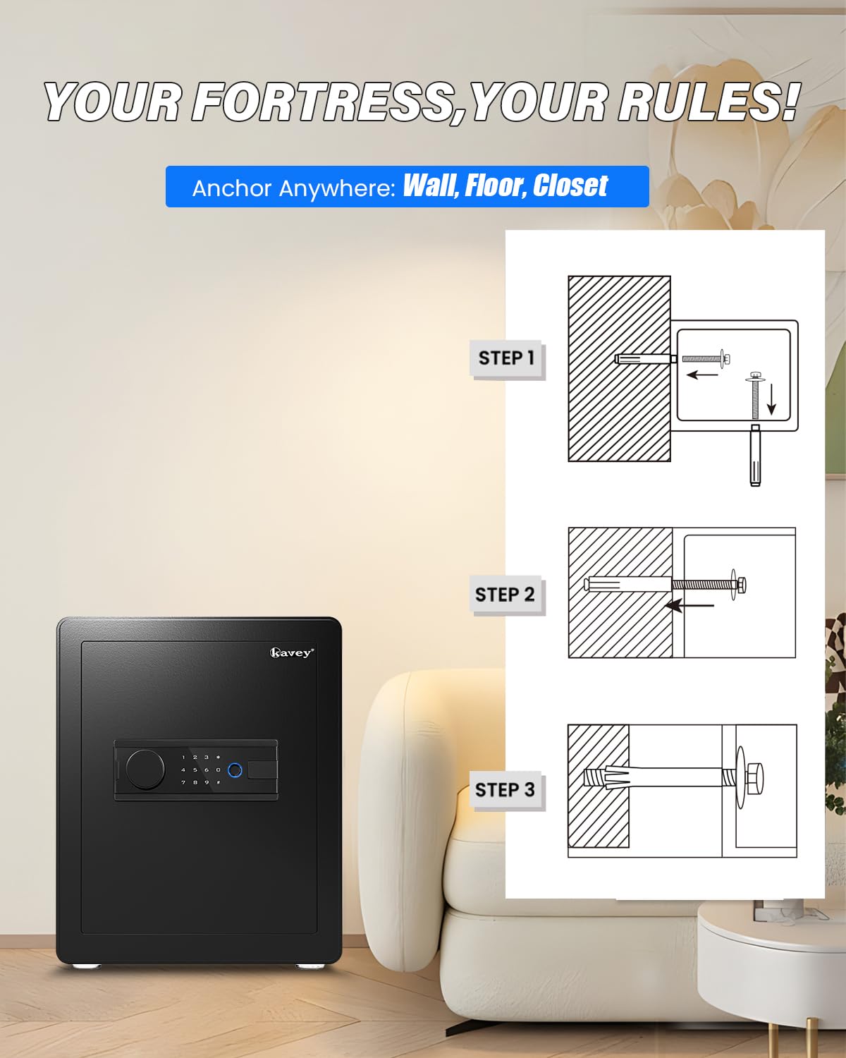 Kavey 2.0 Cub Biometric Safe Box, Fingerprint Safe with Backlit Touch Screen Keypad and Dual Alarm System, Steel Security Lock Box With Mute Function and LED Light, 12.59"D x 14.96"W x 17.72"H