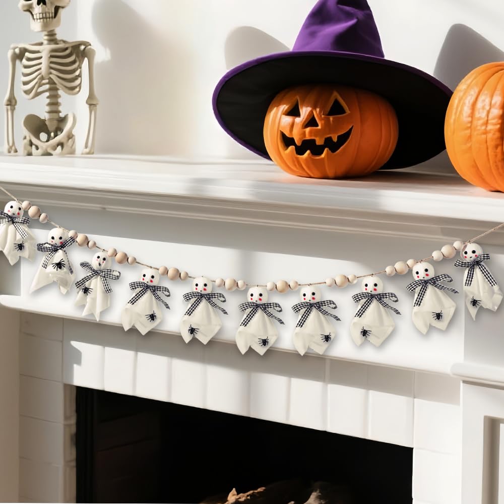 Vellibring 8.2Ft Halloween Ghost Garlands Decorations,Cute Fabric Ghost Banner with Wooden Beads Halloween Rustic Hanging Ghost Garlands for Room Indoor Party Wall Fireplace Doorway Decor