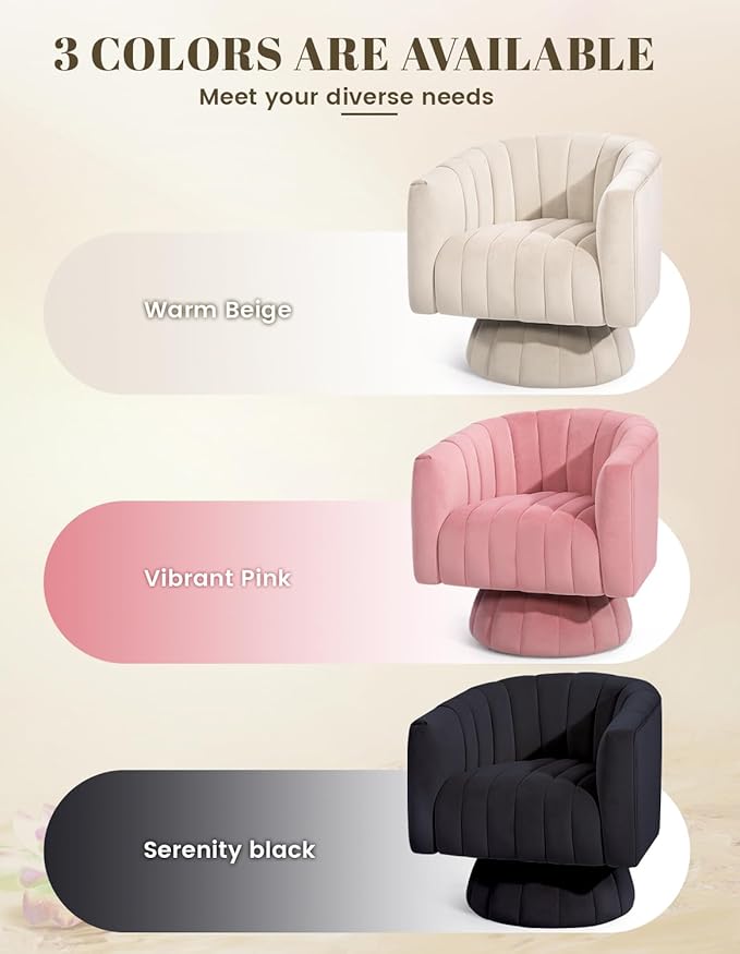 Kromax Swivel Accent Chair with Armrest, Set of 2, Mid Century 360 Degree Swivel Barrel Chair Overstuffed Tufted Velvet, Ideal for Living Room, Bedroom, Reading Room, Beige