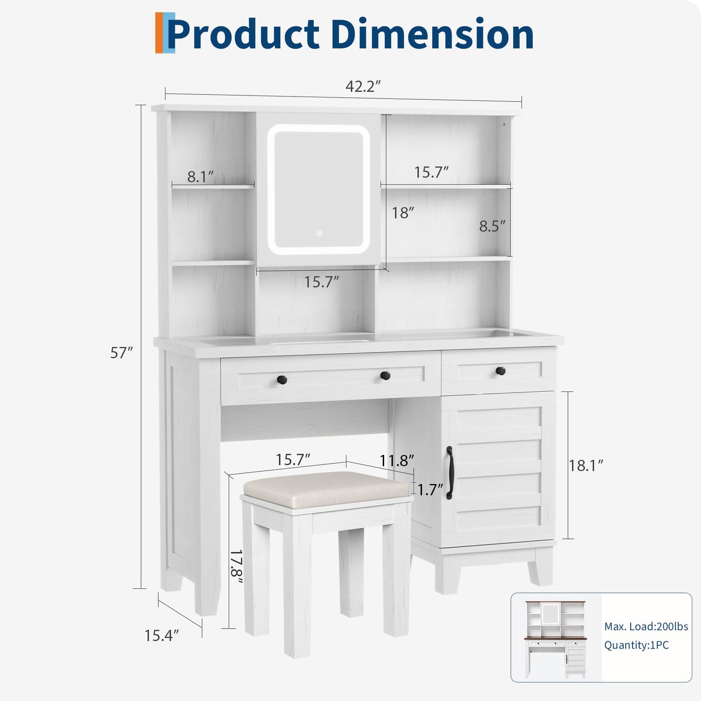 Farmhouse Makeup Vanity Desk,Makeup Vanity with Mirror and Lights & Power Outlet, Makeup Table with 2 Drawers and Cushioned Stool, Dressing Table with Glass Top for Bedroom Dressing Room, White