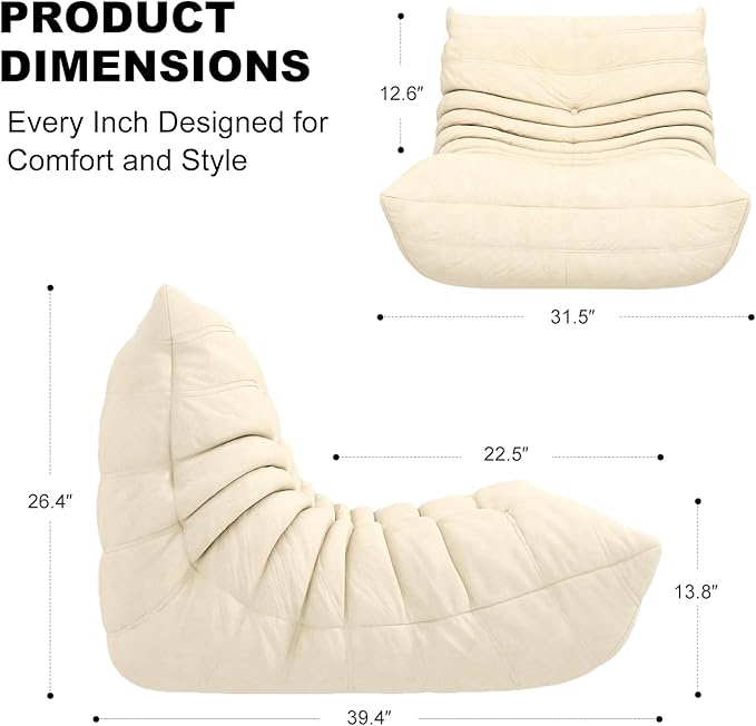 Snug Sofee Bean Bag Chair for Adults, Lazy Floor Sofa Couch - Adult Size with Soft Waterproof Fabric for Living Room, Apartments, Reading Corner, Gaming, and Movie Venue (White)