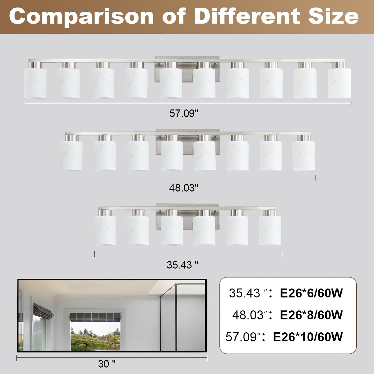 Mieloxiy 6-Light Bathroom Light Fixtures, Modern Vanity Lights, Brushed Nickel Metal Wall Lamp with White Marble Glass for Bathroom, Mirror, Living Room, Bedroom, Cabinet, Porch, Hallway, E26 Base