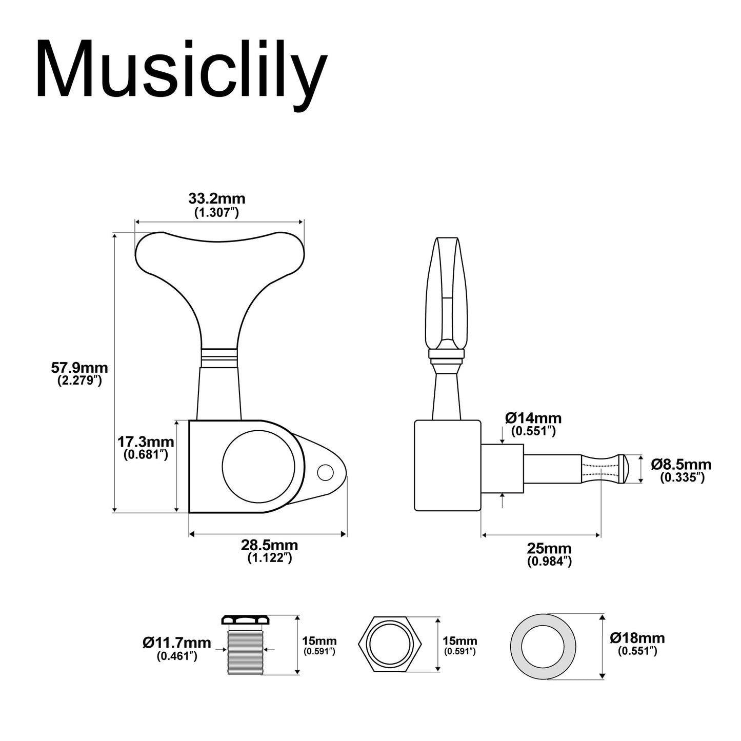 Musiclily 3+3 Sealed Bass Tuning Pegs Keys Machine Head Tuners For Precision Bass Or Jazz Bass, Black