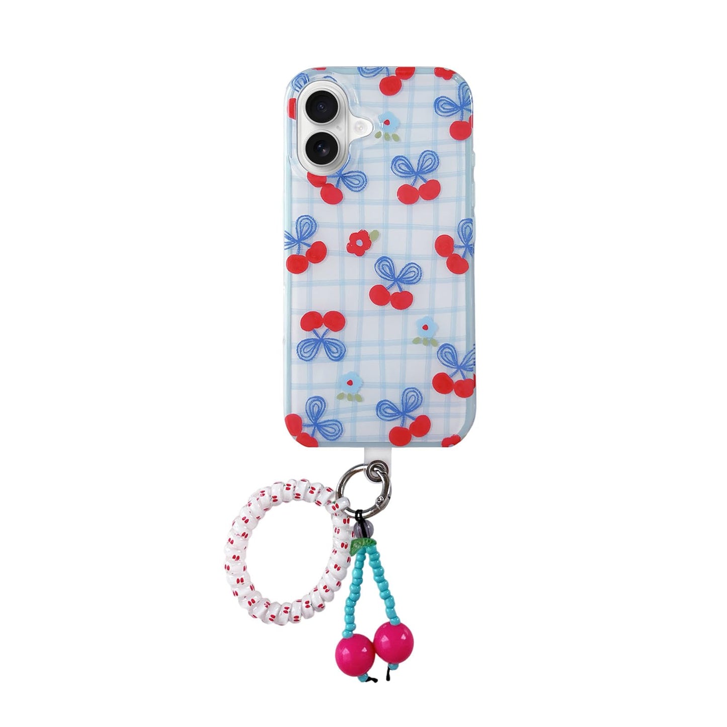 Cherry Blue White Checkered Phone Case for iPhone 16 Pro Max 6.9in,Cute Chic Plaid Striped Aesthetic Design Gloss Clear Protecti