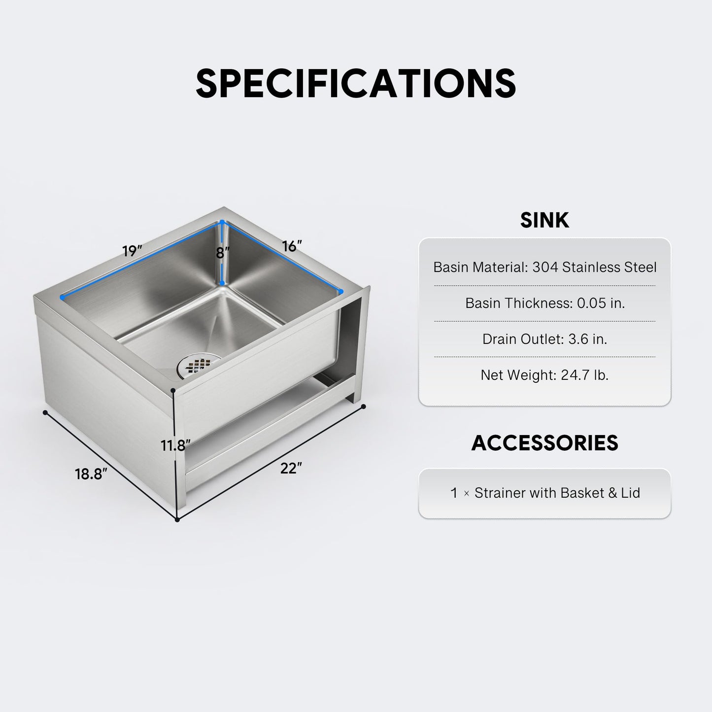 WILPREP Commercial Mop Sink, 19x16x8 Inch 304 Stainless Steel Utility Sink with Strainer & X-Shaped Floor Guides for Kitchen Laundry Garage Pet Salon