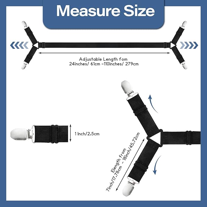 CHRORINE Bed Sheet Holder Straps Adjustable Sheet Fasteners Clips Keep Bedding Stays in Place, 4 Pcs/Set, Black