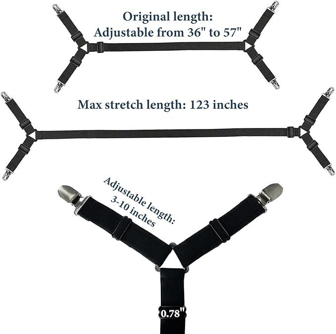 Bed Sheet Straps, Adjustable Durable Bed Sheet Holder Straps with Metal Clips, Elastic Sheet Holders Keep Sheets Firm & Tight 2PCS Black