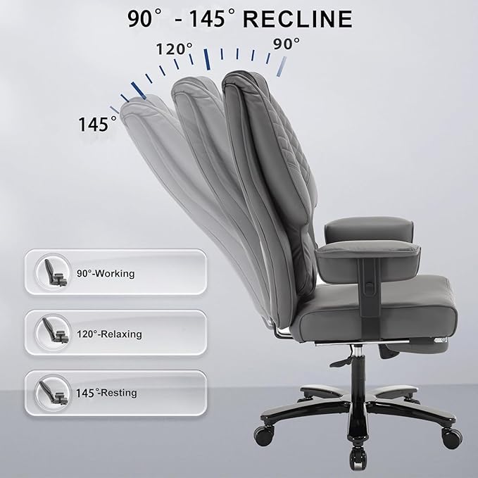 KCREAM 500lb Big and Tall Reclining Office Chair with Footrest, PU Leather Executive Computer Chair with Wheels Recliner Home Desk Chairs with Lumbar Support Swivel Task Chair for Heavy People,Grey
