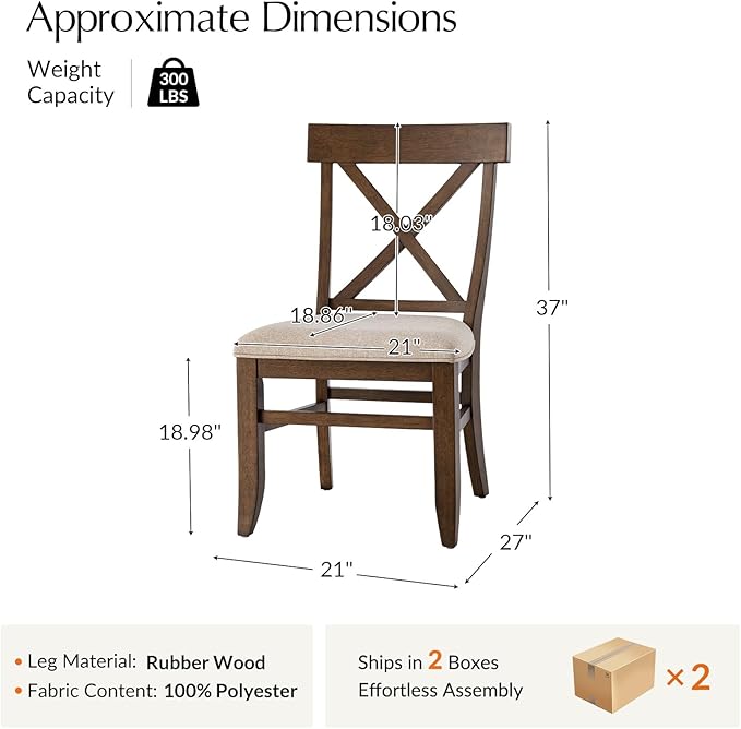 HULALA HOME Solid Wood Dining Chairs Set of 4, Walnut Farmhouse Upholstered Kitchen Dining Room Chair Mid-Century Modern Dinner Chair with Cross Back Wooden Legs for Living Room, Restaurat, Cafe