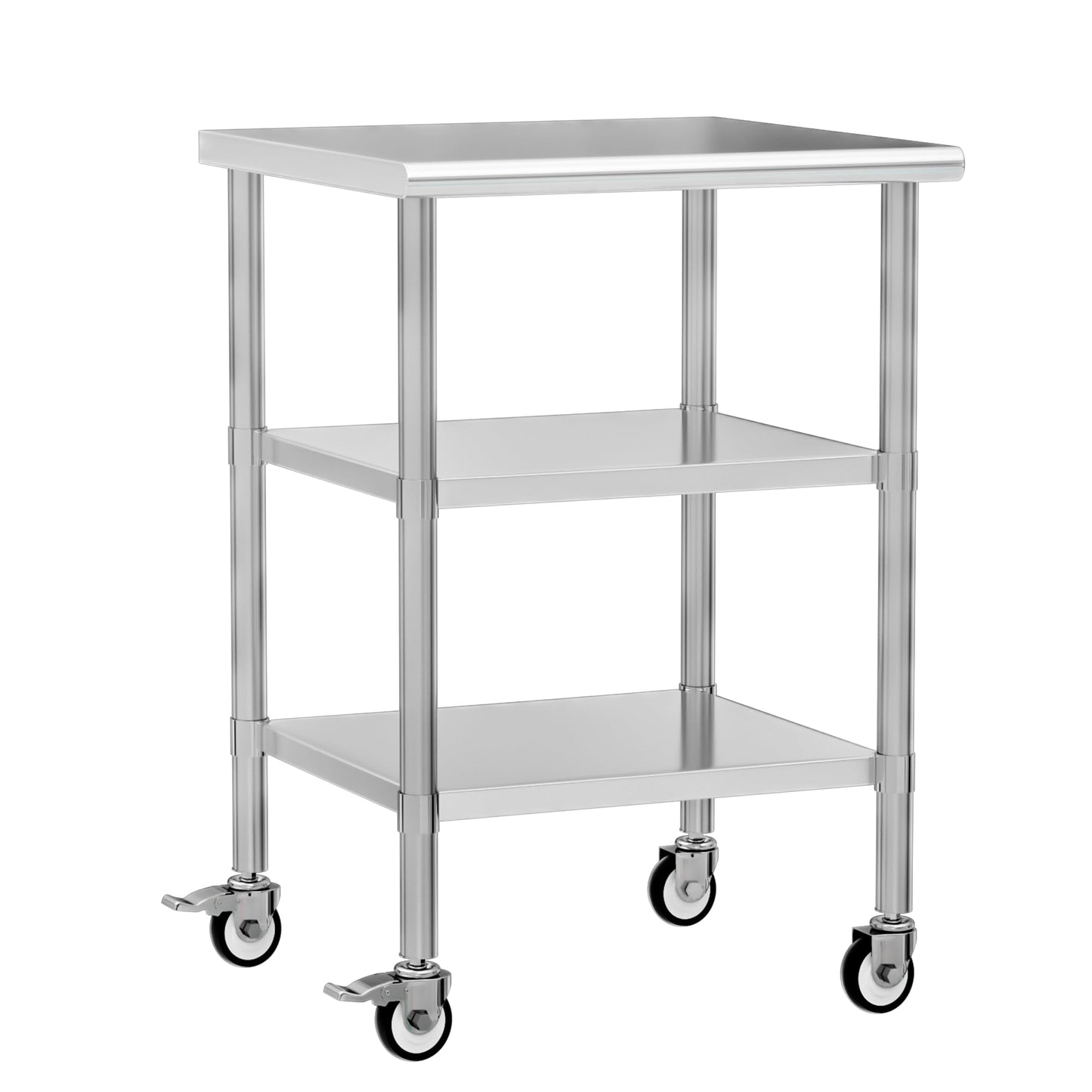 Chingoo Stainless Steel Work Table with Wheels, 24x24 Inch NSF Kitchen Prep Table with 2 Adjustable Undershelves for Commercial Restaurant, Garage, Outdoor BBQ