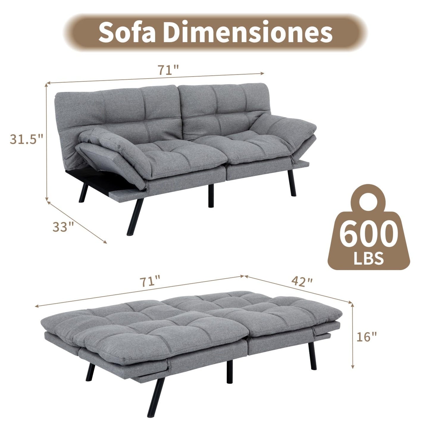 Opoiar 71" Convertible Futon Sofa Bed & Sleeper Couch - Memory Foam Loveseat Sofa with Adjustable Backrest/Armrest for Small Space, Apartment, Living Room - Medium Grey