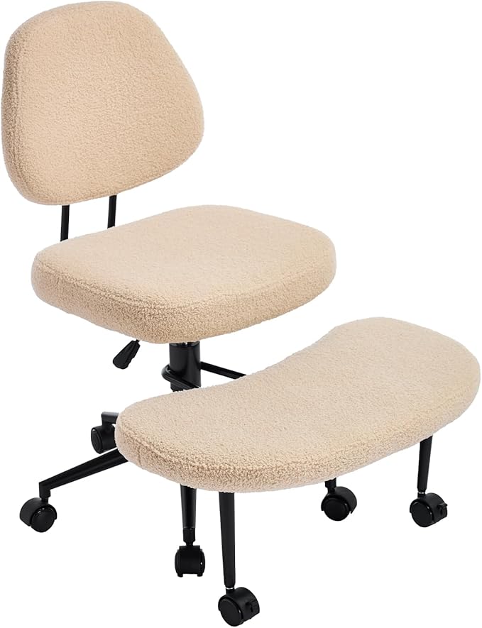 Cross Legged Office Chair, Ergonomic Criss Cross Desk Chair ADHD Meditation Yoga Kneeling Chair with Brake Wheels, Home Office Desk Chair with Adjustable Height, Lumbar Support (Beige)