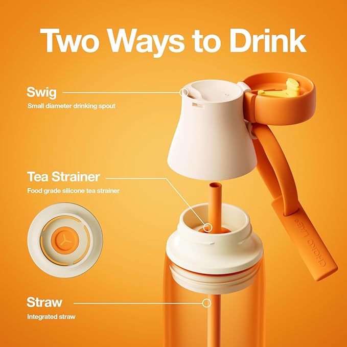 CHAKO LAB Insulated Stainless Steel Water Bottle with Two Strap | BPA-Free Leak Proof | 17oz Bottle with Spout Lid & Straw | Orange Marmalade