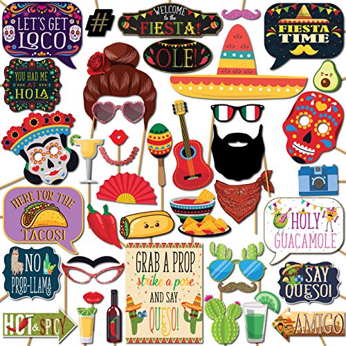 Fiesta Photo Booth Props - 41-pc Photobooth Kit with 8 x 10-Inch Sign, 60 Adhesive Pads, 45 Sticks - Mexican Photo Prop - ...